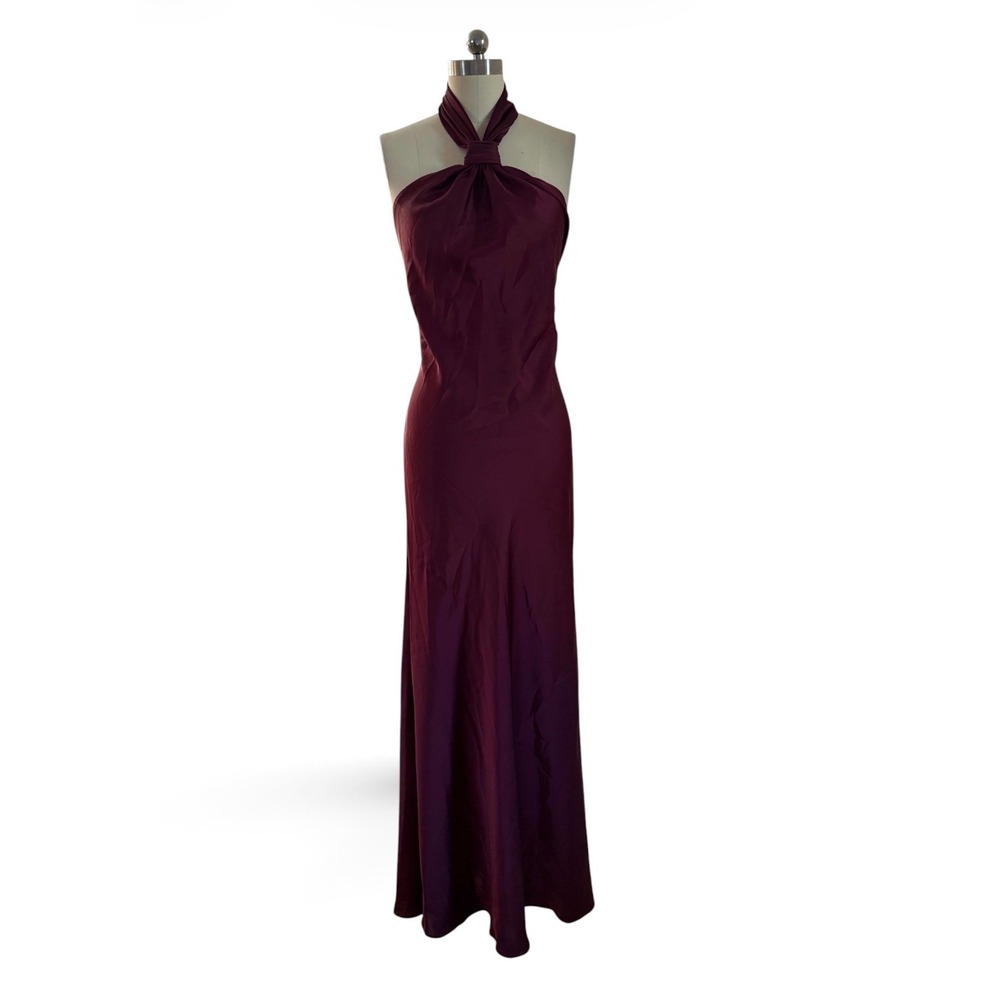 New! Betsy & Adam Esmerelda Satin Halter Neck Gown Wine Size 8 - Picture 6 of 8